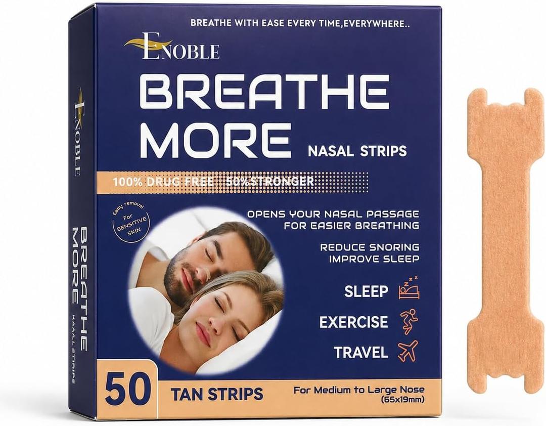 Breathe More Extra Strength TAN Nasal Strips for Snoring Relief & Easy Breathing | 50 Ct |Wide Fit | Latex-Free, Drug-Free | Strong Adhesion | Sensitive Skin | Cold & Allergy Congestion Relief