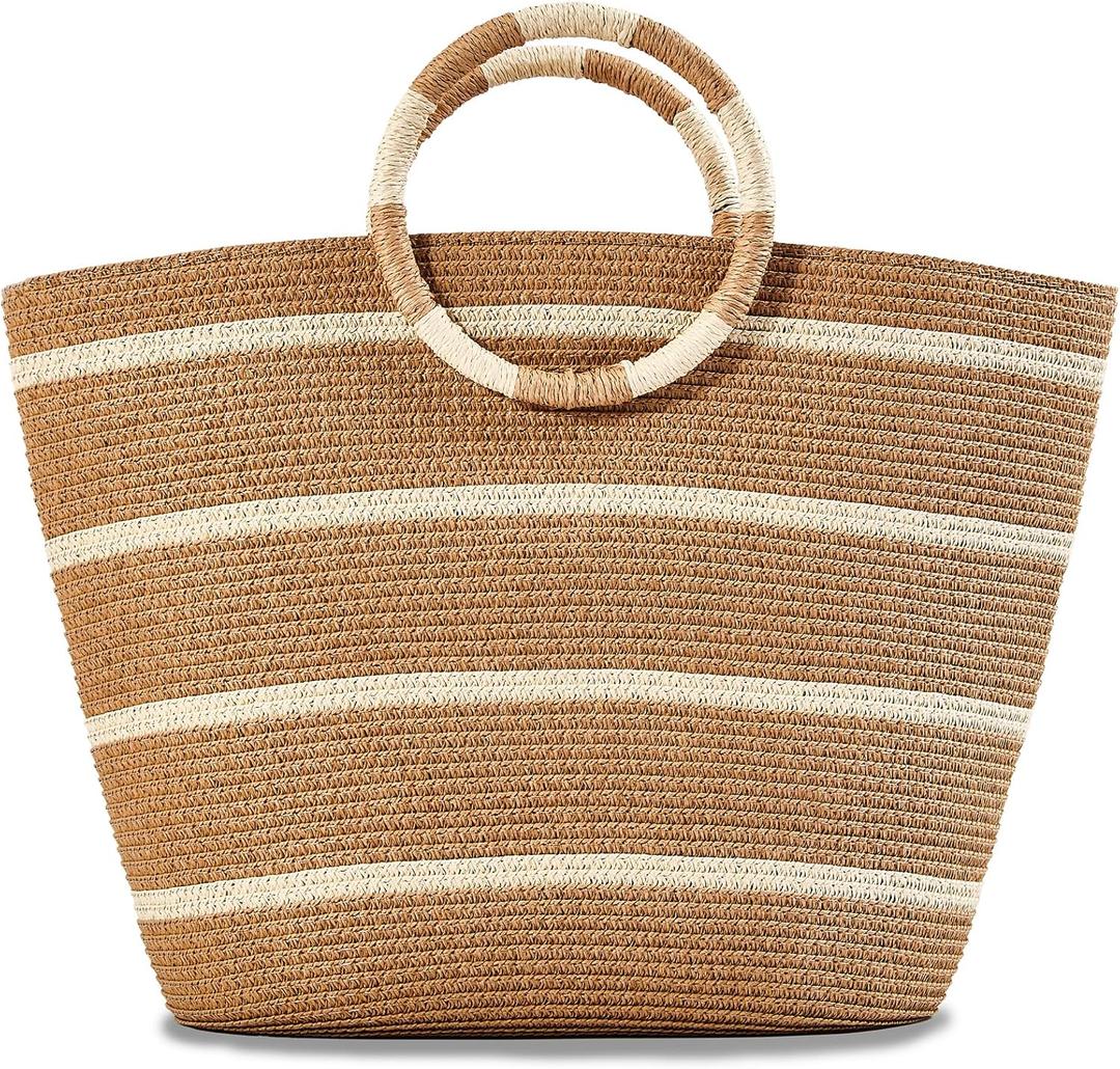 TOFUNTOY Beach Bags for Women Straw Tote Bag Summer Beach Bag Large Woven Straw Tote for Vacation Holiday (Kahaki)
