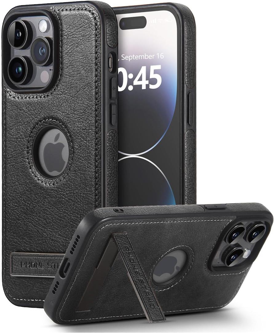 Leather Case for iPhone 14 Pro Max Case, Protective Slim with Kickstand Shockproof Phone Cases, Built-in Invisible Stand Compatible with iPhone 14 Pro Max 6.7'' (Black, for iPhone 14 Pro max)