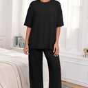PrinStory Women's Pajamas Sets 2 Piece Lounge Set Short Sleeve Tops and Long Pants Soft Pjs Loungewear with Pockets (Black, XXL)