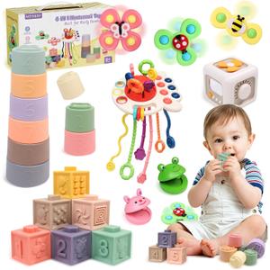 Baby Toys 6-12 Months, 6 in 1 Montessori Toys for Toddlers 1-3, Infant Sensory Pull String Toy, Fidget Spinners Soft Baby Blocks Stacking Cups, Baby Gifts for 1 Year Old