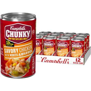 Campbell's Chunky Soup, Savory Chicken with White and Wild Rice Soup, 18.8 Oz Can (Case of 12), Best By: 08/2025