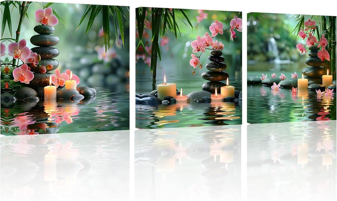 TutuBeer 3 Pcs Spa Wall Art Zen Pictures Wall Art Spa Stone Bamboo Pink Flower with Candles Pictures Zen Bathroom Art Print on Canvas for Home Decor Wall Decor Stretched and Framed 12x12inchx3