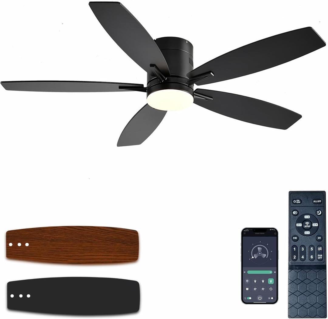 Ceiling Fans with Lights, 52" Low Profile Indoor Ceiling Fan with Light and Remote Control, Dimmable, Noiseless, Reversible, Black Ceiling Fan for Bedroom, Indoor/Outdoor Use
