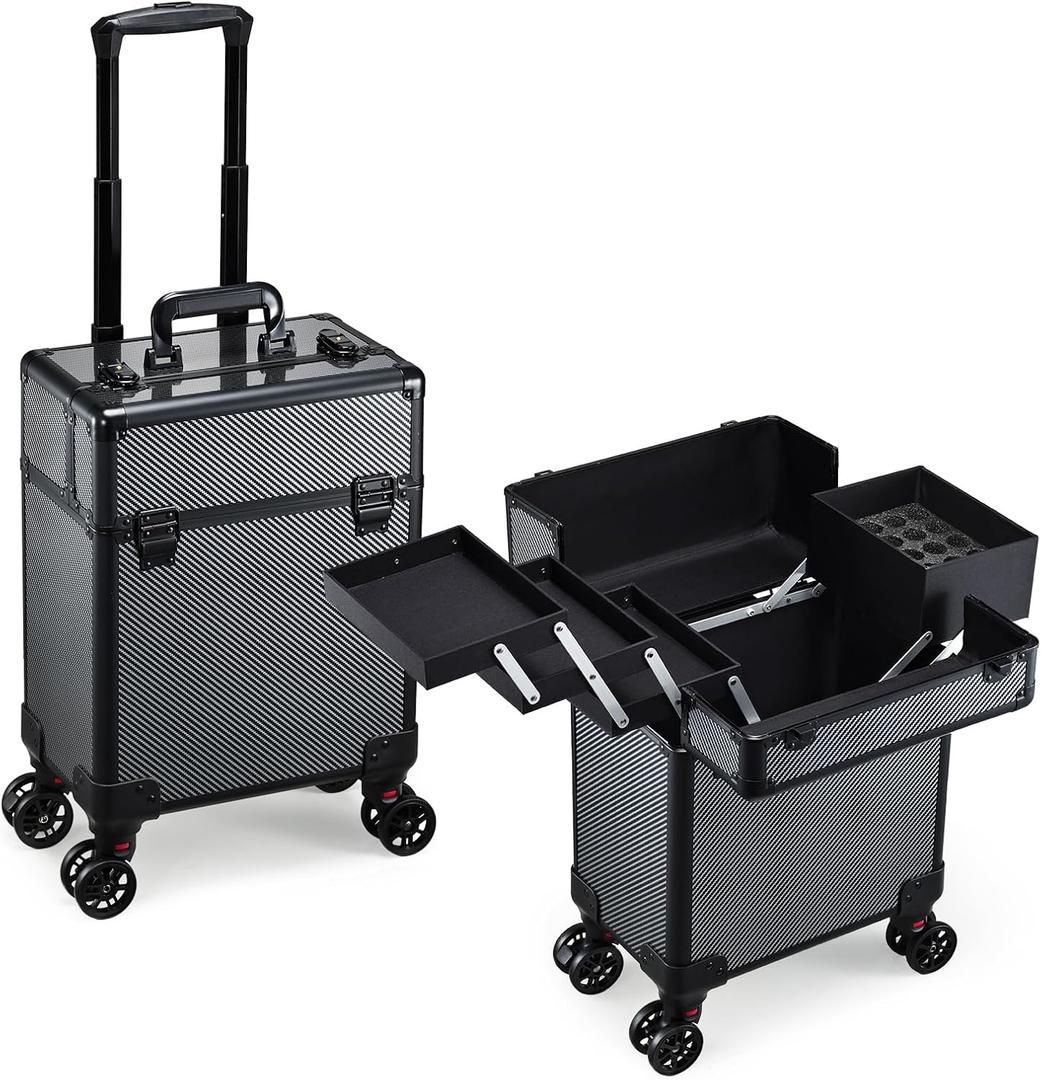 Rolling Makeup Case, Cosmetology Case on Wheels Professional Vanity Case with Trays for Women Large Travel Makeup Box Organizer Trolley with Key, Ashy Grey