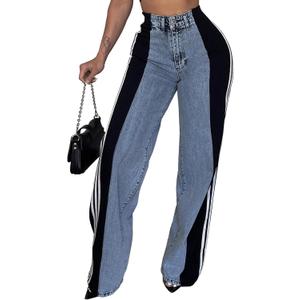 Angsuttc Women's Jeans with Patchwork Stripes High Waisted Stretchy Denim Color Block Straight Wide Leg Trendy Jean (Large, Black)