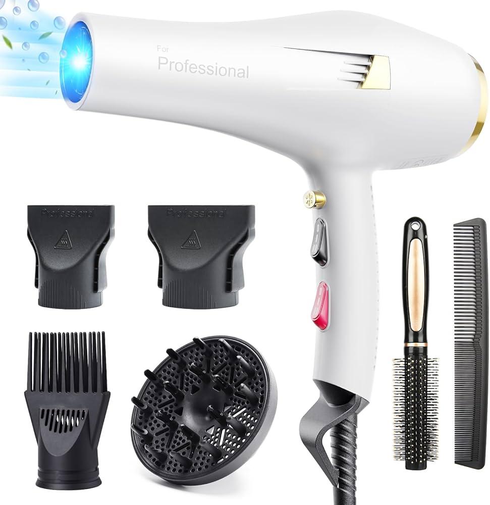 Professional Ionic Hair Dryer AC Motor Fast Drying Salon Blow Dryer with Diffuser, Comb, Nozzle, Concentrator, for Curly and Straight Hair, 2 Speed & 3 Heat Setting, Cool Button(White)