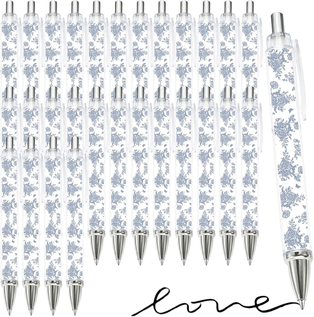 28 Pcs Blue and White Floral Ballpoint Pens - 1.00 mm Retractable Ballpoint Pens Blue Ink Writing Pens for Office Supplies Journaling Gift for Office Supplies Journaling Gift