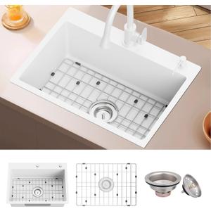 White 25x18 Inch Kitchen&Bar Sink- Stainless Steel Drop In Single Bowl Topmount Kitchen And Bar Sink With Sink Grid And Drain Assembly Bright White Bar Sink Enhance Aesthetic Appeal Of Modern Kitchen