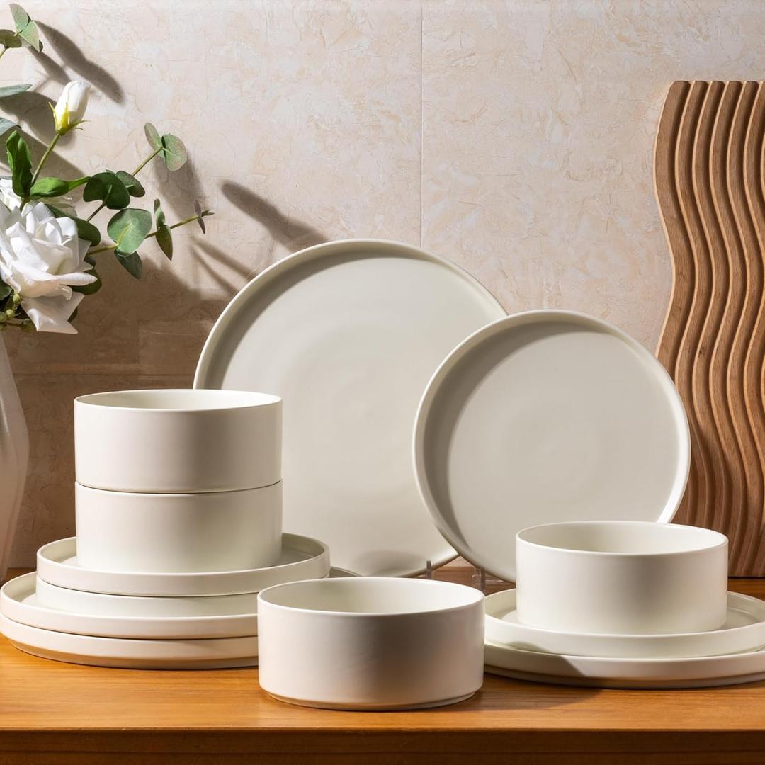 GBHOME Ceramic Dinnerware Sets for 4,Stoneware Plates and Bowls Sets,Chip and Crack Resistant | Dishwasher & Microwave Safe Dishes Set,Scratch Resistant- Service for 4 (12pc)-Matte Cream