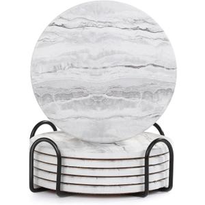 Acejoz Drink Coasters with Holder for Coffee Table, Absorbent Coaster Set of 6, Marble Style Ceramic Coaster for Wooden Table, Suitable for Kinds of Cups, Home Decor, 4 Inches