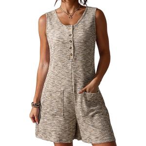 Women Casual Rompers Loose Waffle Knit Overalls One Piece Sleeveless Wide Leg Short Pant Jumpsuits With Pockets, Medium