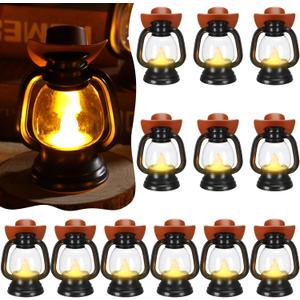 ROCEEI 24 Pieces Cowboy Hats Mini Lantern Western Cowgirl Small Lantern Decoration Retro Tiny Lamp with LED Candle Hanging Table Centerpieces Decor for Wedding Birthday Party Favor (Brown)