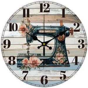 CHGCRAFT 12inch Sewing Machine Wall Clock Retro Style Battery Operated Silent Non Ticking Flowers Round Decorative Clock for Office Home Kitchen Decor
