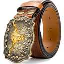 Mawjom Western Cowboy PU Leather Belt - Men Waist Strap Bull Decoration Floral Engraved for Jeans 31" to 34" Waist