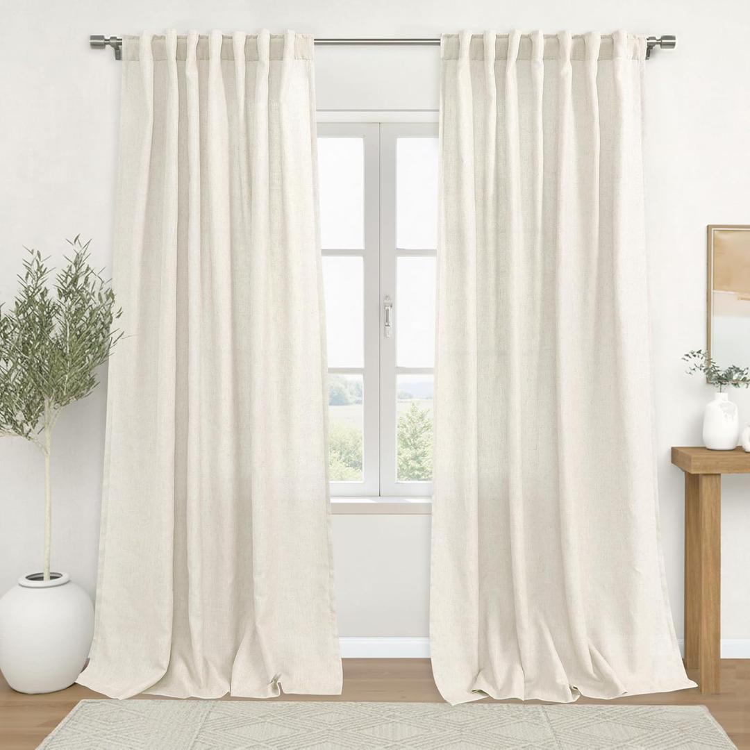 KOUFALL 60 Inch Wide Linen Curtains, Privacy Sheer Light Filtering Boho Back Tab Pleated Curtains for Living Room Bedroom, 60x90 Inch Long, 2 Panel Set, Cream Beige (Natural)