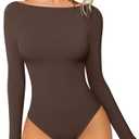OQQ Bodysuits for Women Boatneck Long Sleeve Basic Stretch Classic-Fit Tops Sexy Bodysuit Dark brown, S
