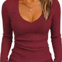 iGENJUN Women Long Sleeve V Neck Shirts for Women Business Casual Work Top Knit Slim Fit for Fall (Red, L)