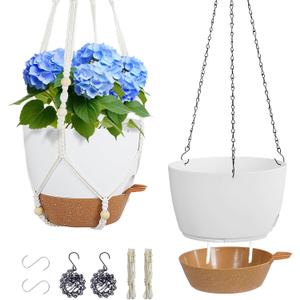 Meowell 10 inch Self Watering Hanging Planters, 2 Pack Hanging Baskets for Indoor Outdoor Plants, Hanging Flower Pots with Drainage Holes & 2 Kinds of Plant Hangers for Garden Home Dcor, White Brown