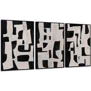 Zessonic Abstract Black and White Wall Art Edgy Blocks Framed Geometry Canvas Print Modern Contemporary Artwork for Living Room, Bedroom, Office Decor - Set of 3, 24x36 Inch (Ready to Hang), 24" x 36" x 3 Panels Framed