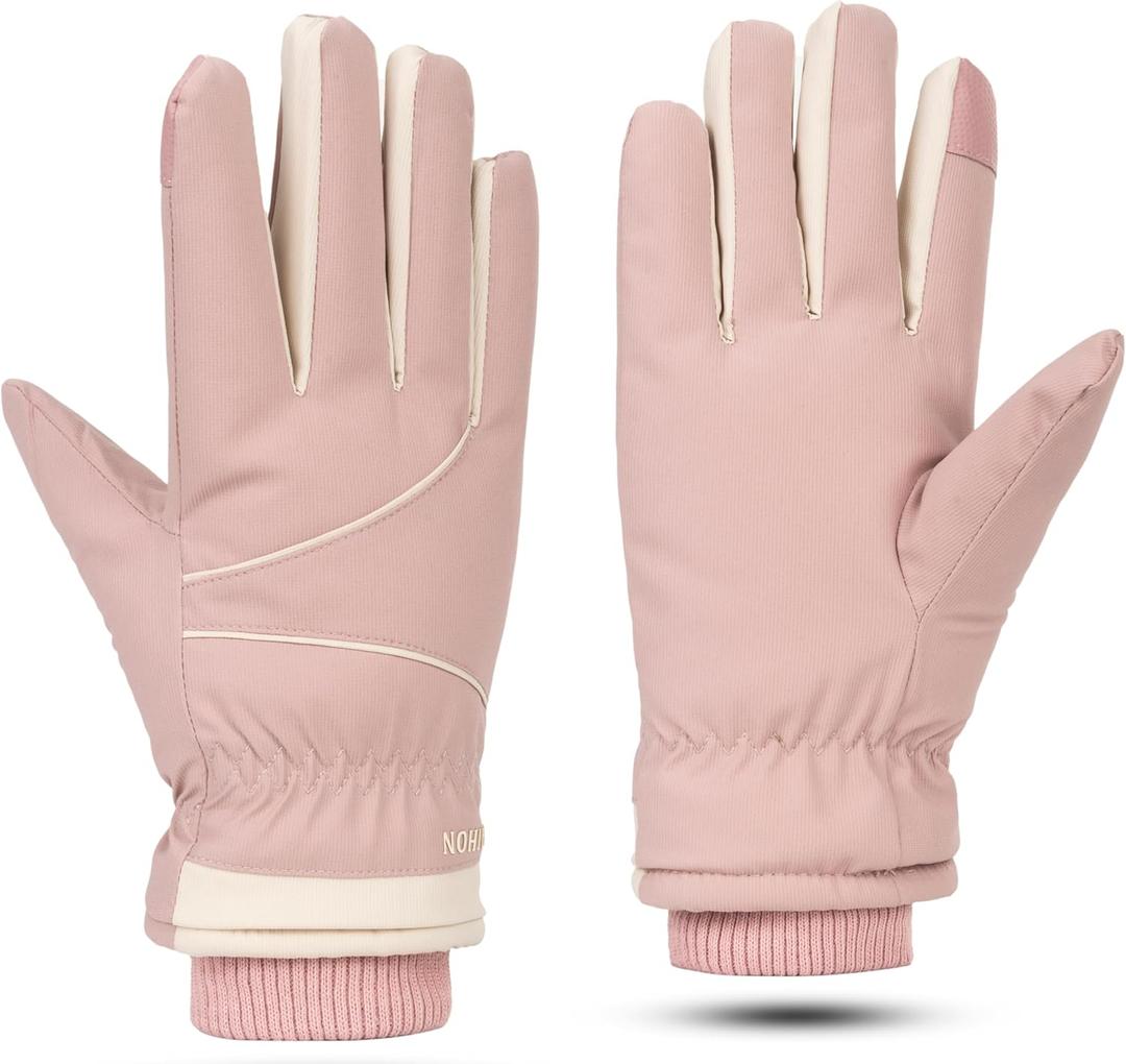 Women Winter Snow Ski-Gloves - Non-Slip-Plus-Velvet-Thickened Warm Cold-Weather Windproof Touchscreen-Cycling-Gloves (Pink), One Size