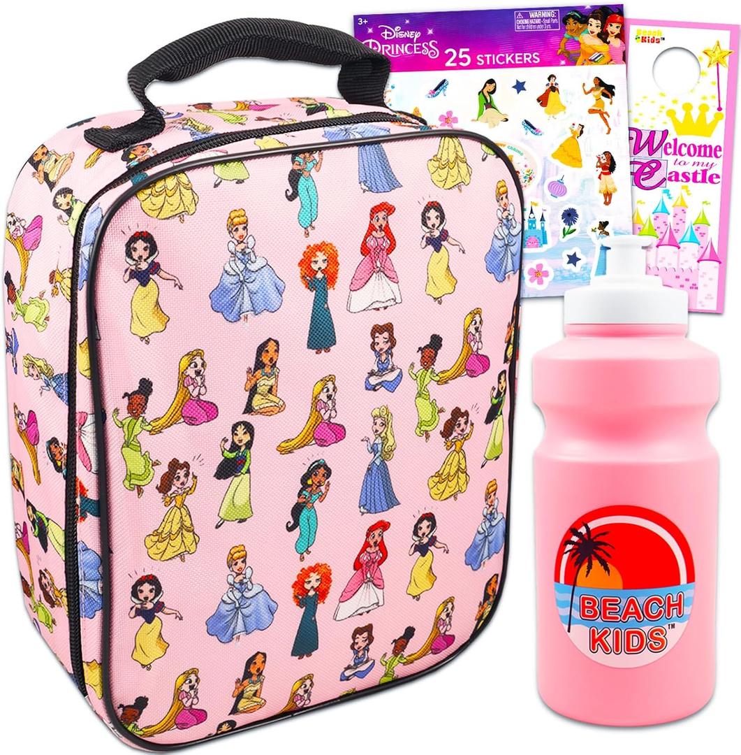 Disney Princess Lunch Box Set for Girls - Bundle with Princess School Lunch Bag for Kids with Pink Water Pouch, Princess Stickers, More | Disney Princess School Supplies