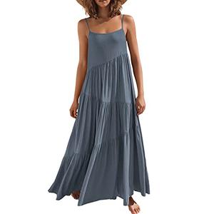 ANRABESS Women Summer Casual Loose Sleeveless Sundress Spaghetti Strap Flowy Boho Linen Beach Vacation Maxi Long Dress Gray Blue L
