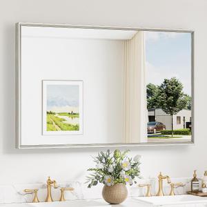 Keonjinn 48 x 30 Inch Brushed Nickel Bathroom Mirrors for Over Sink, Beveled Rectangle Framed Mirrors for Wall, Farmhouse Bathroom Vanity Mirror, Tempered Glass, Square Corner