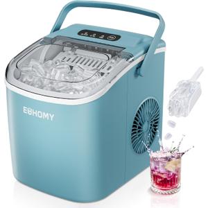 EUHOMY Ice Maker Countertop, 9 Cubes Ready in 6 Mins, 26lbs/24H, Self-Cleaning, Portable Ice Maker Machine with Carry Handle, Basket and Scoop, 2 Sizes of Bullet Ice for Home, Kitchen, Office