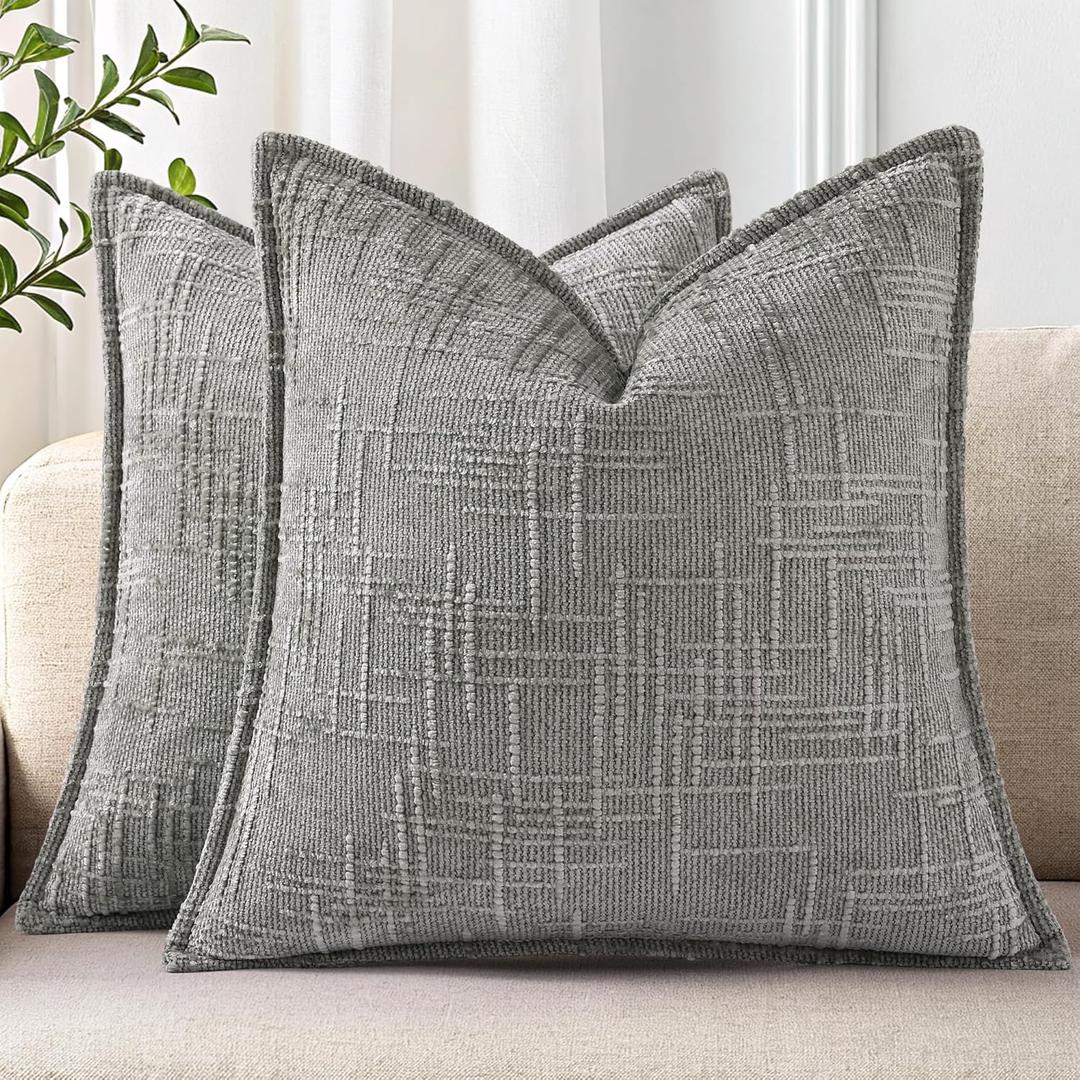 decorUhome Chenille Throw Pillow Covers 18x18 Set of 2, Thick Textured Slubby Neutral Decorative Pillow Covers with Elegant Design for Couch, Sofa, Living Room, Neutral Grey