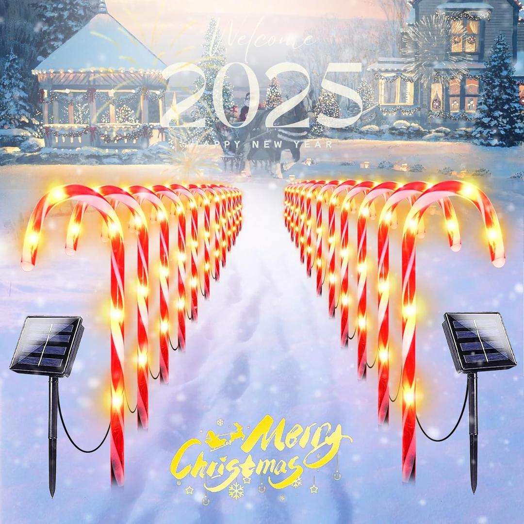 IDEAALS 24-Pack Upgraded Solar Christmas Candy Cane Lights, Solar Pathway Lights Waterproof, Christmas Decorations Outdoor with 8 Modes for Party Patio Garden Lawn Yard Decor
