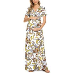 Xpenyo Maternity Maxi Dress Women Casual Wrap Long Baby Shower Pregnancy Dresses (White, M)