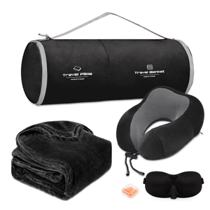 Travel Pillow and Blanket Set Neck Pillows Travel Essentials with Sleep Mask for Airplane Car Memory Foam Black