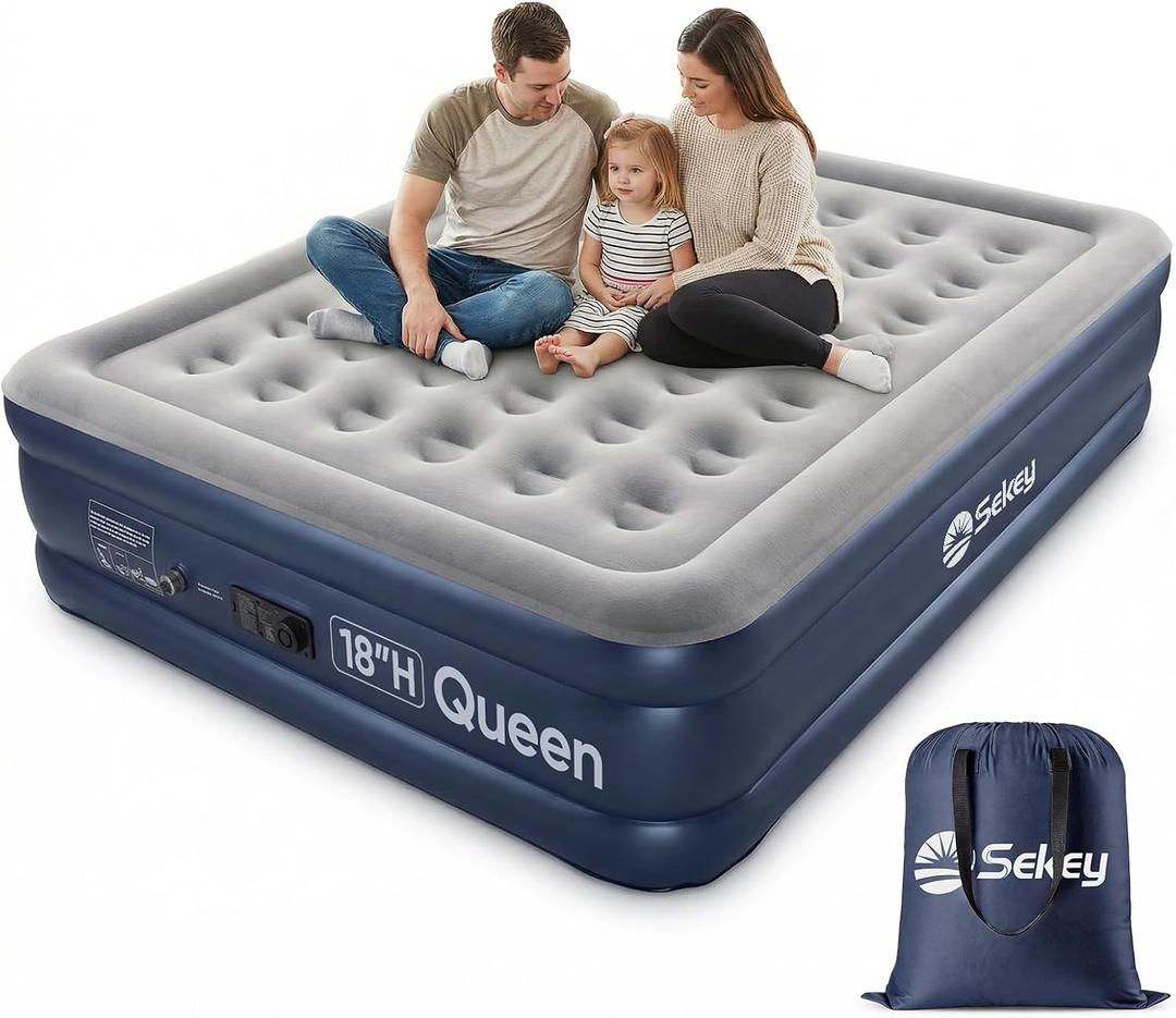 Sekey Queen Air Mattress with Built-in Pump, 18" Raised Inflatable Bed with Anti-Deflation Technology, Odorless & Puncture Resistant Blow Up Mattress for Home Guests & Travel, 660 lbs Capacity