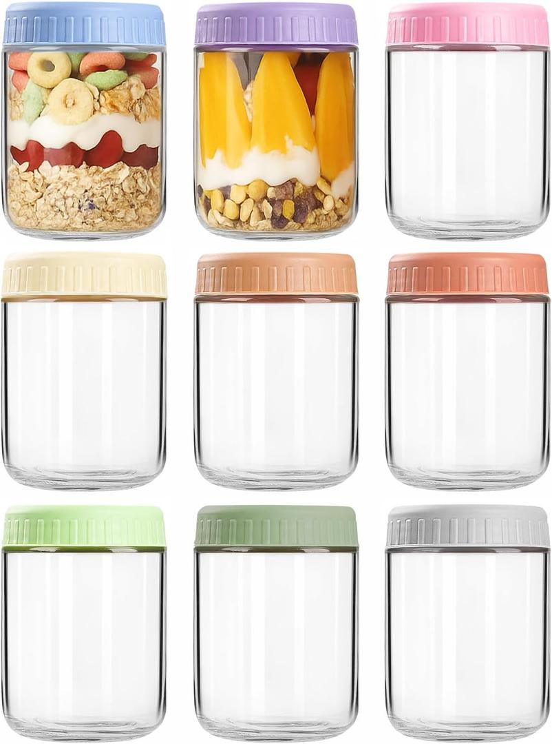 Overnight Oats Containers with Lids, 16oz Wide Mouth Mason Jars with Lids, 9 Pack Glass Jars with Airtight lid for Chia Pudding Yogurt Salad, Meal Prer Oatmeal Jars (MultiColor)