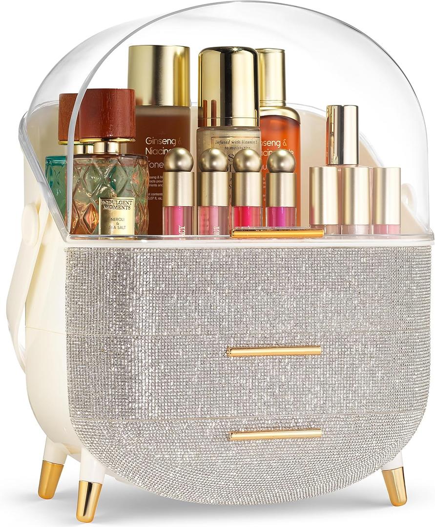 Covered Makeup Cosmetic Countertop - Large Cosmetic Organizer - Trendy Oval Shape Storage for Skin Care Organizer - Clear Lid, Storage Drawers, Carry Handle - Cute Stylish Decor Solution (Diamond)