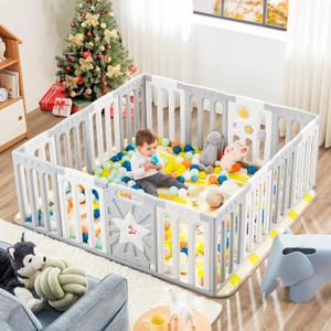 Baby Playpen, Safety Baby Gate Playpen for Babies and Toddlers Sturdy and Immovable Baby Fence Play Area Activity Center Portable Design for Indoor Outdoor (Grey+White+Star 16 Panel) (Expandable patchwork(not foldable))