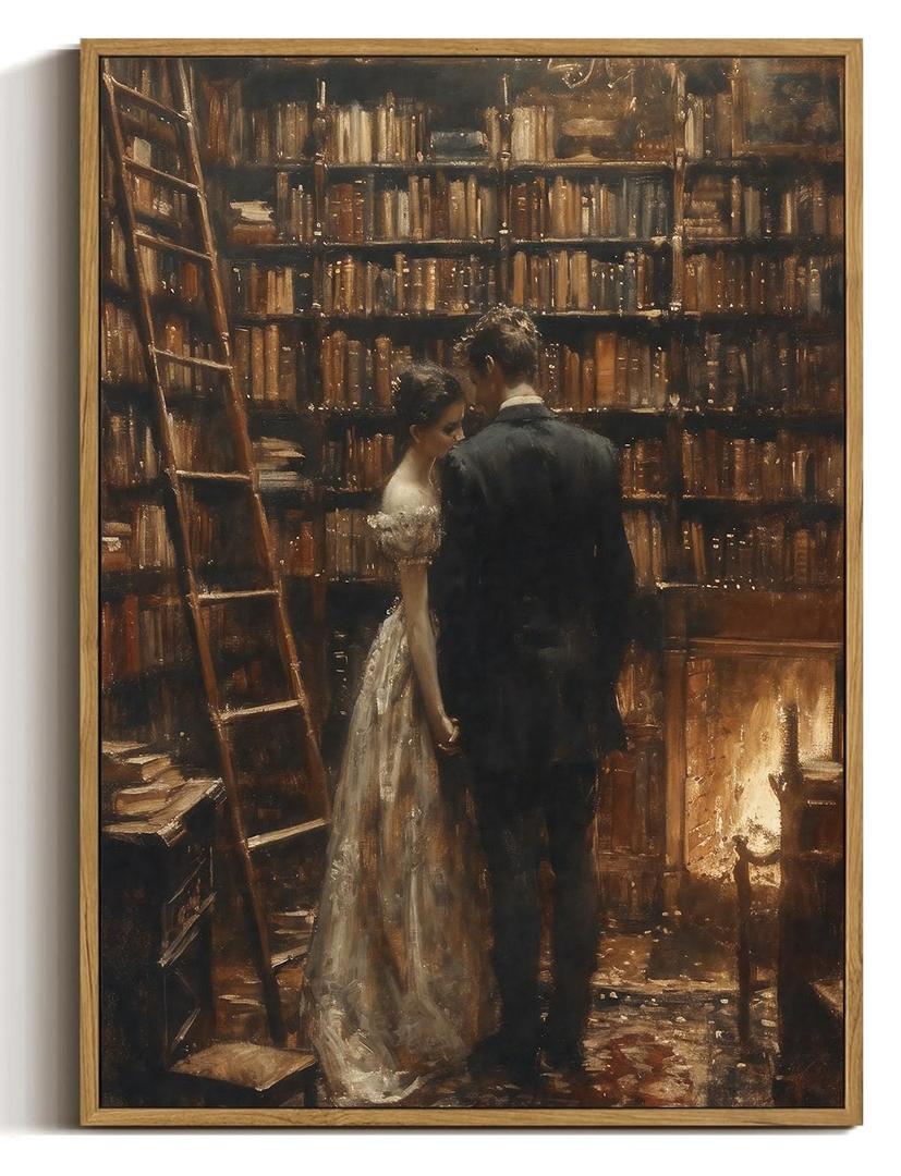 Moody Library Couple Framed Canvas Wall Art 16x24 inch