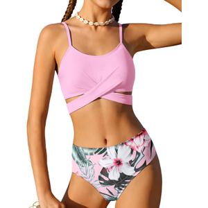 Dearnow Girls Swimsuits Bikini Set Two Piece Bathing Suit Criss Cross Girls' Swimwear with Chest Pad (15-16 Years, Light Pink)