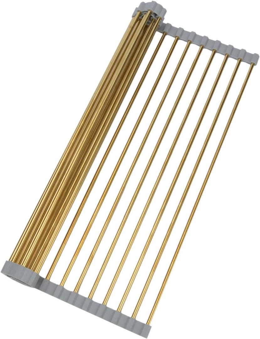 Snailhouse Roll Up Dish Drying Rack, Stainless Steel Dish Drainer Over The Sink with Anti-Slip Silicone for Kitchen Counter, Gold (17.8 x 15.7 in)