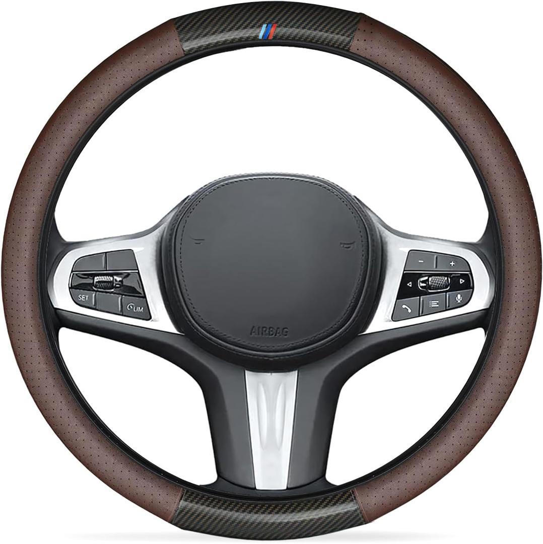 Carbon Fiber Pattern Steering Wheel Cover for BMW, Car Steering Wheel Covers for BMW Interior Accessories, Non-Slip Leather Steering Wheel Custom Three-Color Design, Dark Graya