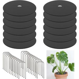5mm Thick Felt Mulch Tree Ring Mat - Cat & Dog Resistant Plant Protector with Ground Stakes, Indoor/Outdoor Waterproof Weed Barrier for Potted Plants -12.6in(12pcs*Tree Ring+48pcs* Stakes)