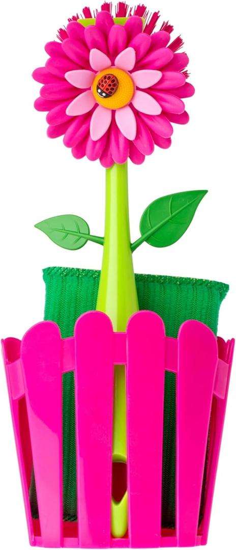 Vigar Flower Power 3-in-1 Kitchen Sink Caddy Set, Flower-Shaped Dish Brush, Sponge, Fence-shaped Holder and Suction Cup, Ideal Sink Organizer, Pink