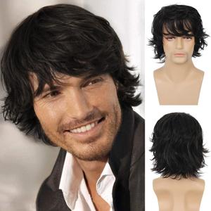 Mens Black Wig Short Layered Natural Fluffy Wig Synthetic Heat Resistant Halloween Cosplay Hair Wig