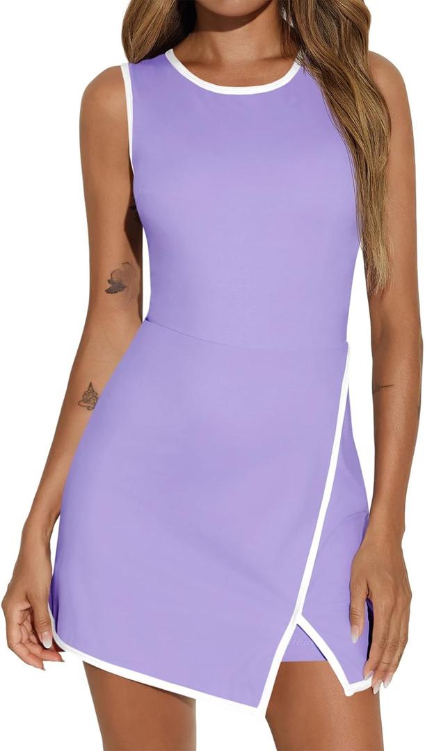 Fisoew Women's Workout Tennis Dress with Built-in Bra & Shorts Pockets Sleeveless Crewneck Golf Athletic Mini Dresses (Purple, XL)