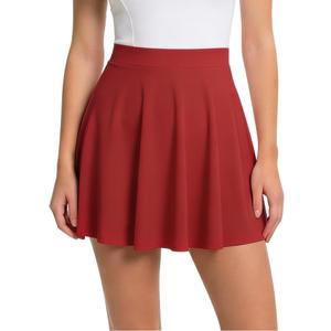 eoeoo Women's Flared Mini Skirt Stretchy High Waist Flowy Ruffle Hem Skater Skirt (Red, S)