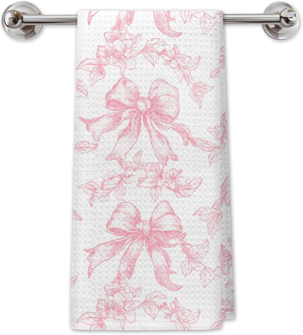 Pink Chinoiserie Floral Bow Kitchen Towels, Coquette Pink Bow Hand Towels for Bathroom, Vintage Pink Dish Towels Tea Towels for Kitchen, Coquette Bathroom Decor, Pink Kitchen Decor, 16x24 Inch