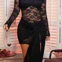 acelyn Women’s Sexy Floral Lace Bodycon Mini Dress Long Sleeve Mock Neck Cocktail Party Birthday Club Dress Black