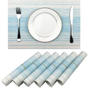 Placemat,Blending Color Durable Woven Vinyl Placemat Washable Heat-Resistant Anti-Skid Kitchen Dining Table Mats (Set of 6, Blue with White)