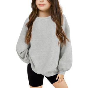 Haloumoning Girls Oversized Crewneck Sweatshirts Kids Fashion Fleece Drop Shoulder Pullover, 13-14 Years (Grey)
